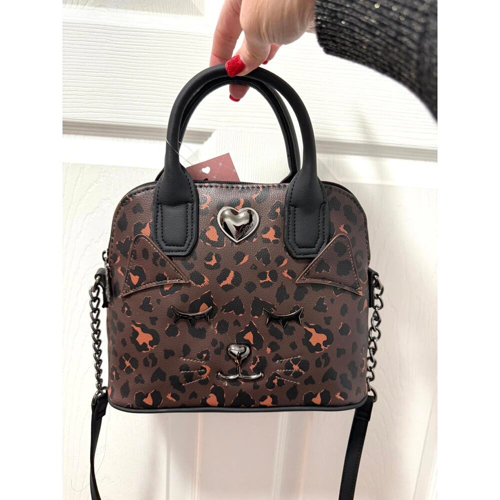 Luv Betsey Johnson LBLINI‎ Cat Face Kitty Leopard Animal Print Crossbody Handbag